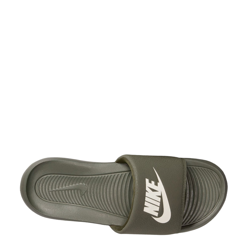 Men's dark olive slide sandal footbed and tread sole, Nike logo on strap