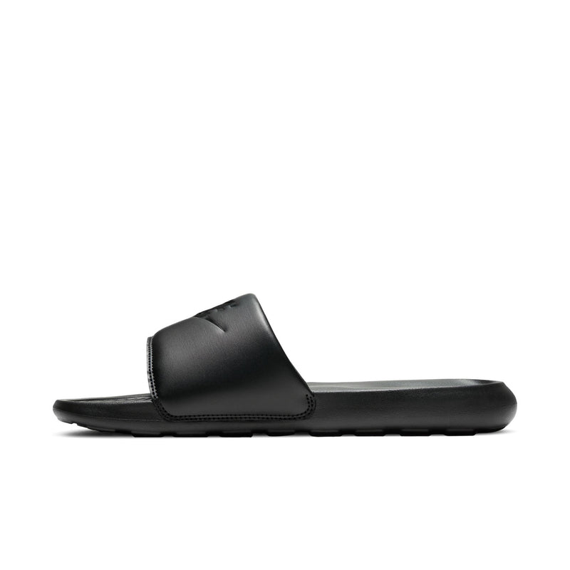 Men's black slide sandals side view with cushioned strap and sole