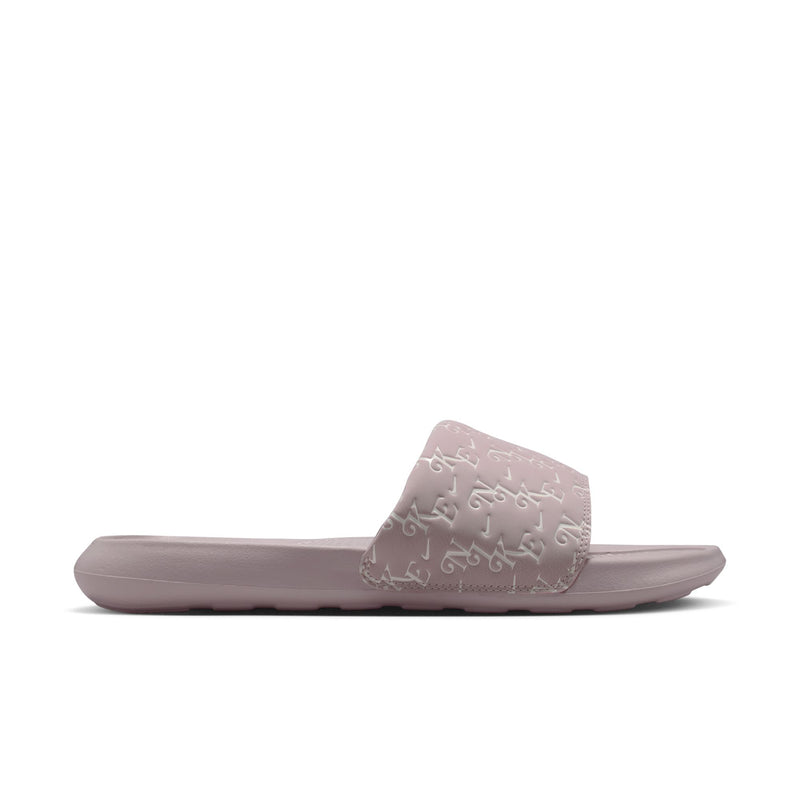 Women’s slide sandals in mauve-pink with embossed logo strap and cushioned footbed