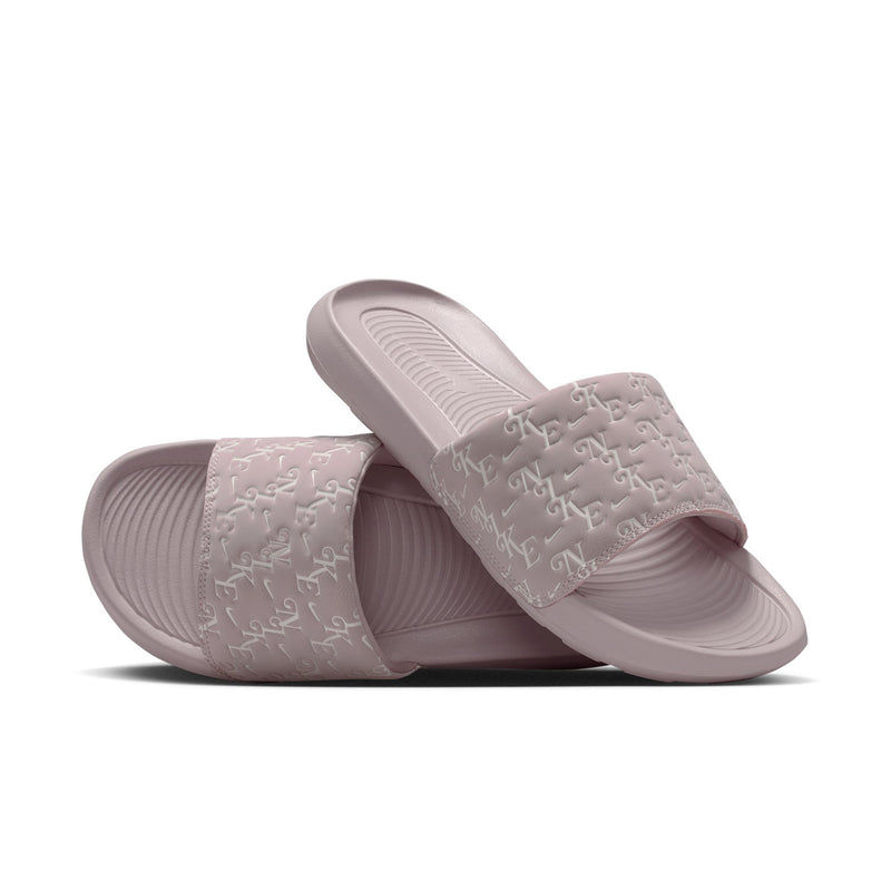 Mauve-pink slide sandals with curved sole and embossed logo strap detail