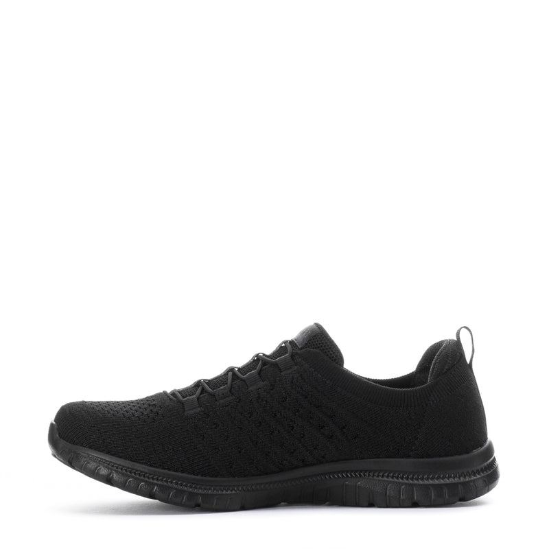 Black women's wide knit sneakers, side profile with lace-up design and grippy rubber sole