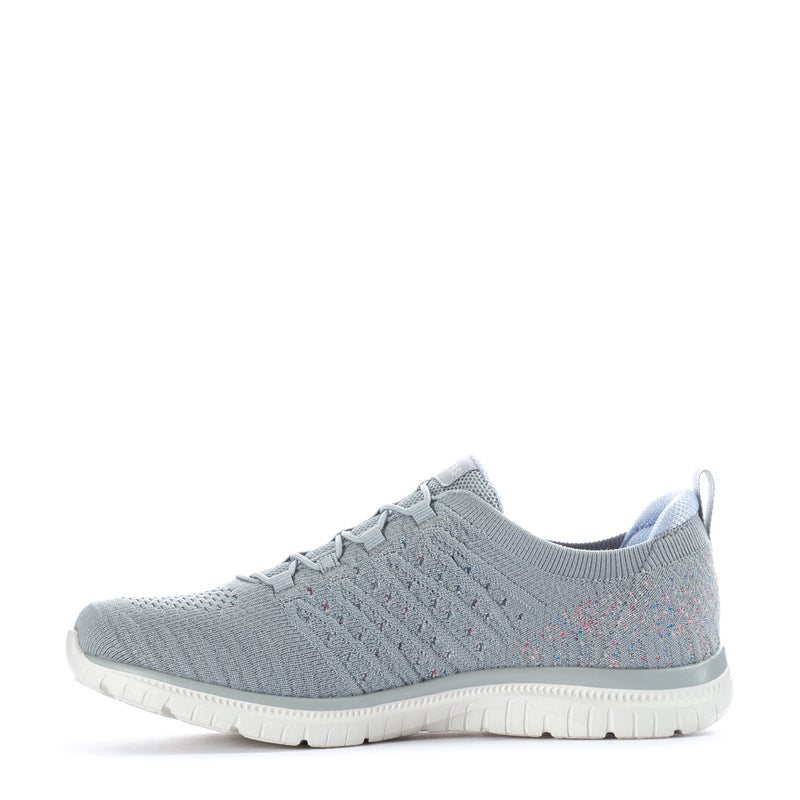 Grey knit lace-up sneakers for women, low profile with white cushioned outsole