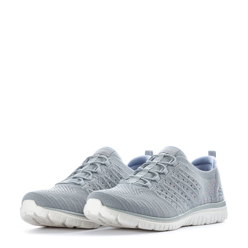 Grey women's lace-up knit sneakers, front side view with white outsole