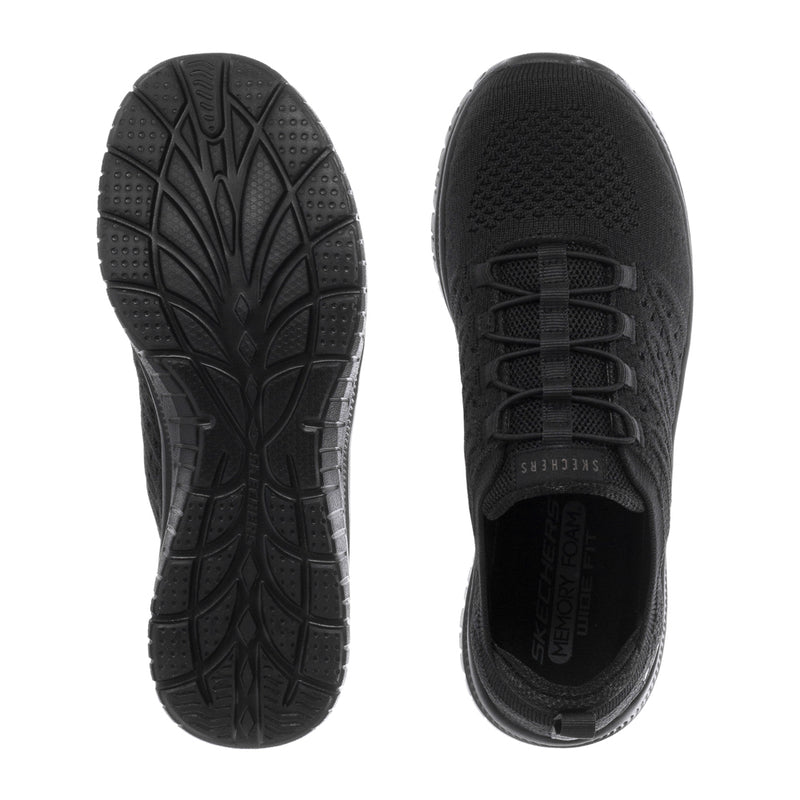 Black sneaker outsoles and heel view, showing tread pattern and lace-up upper