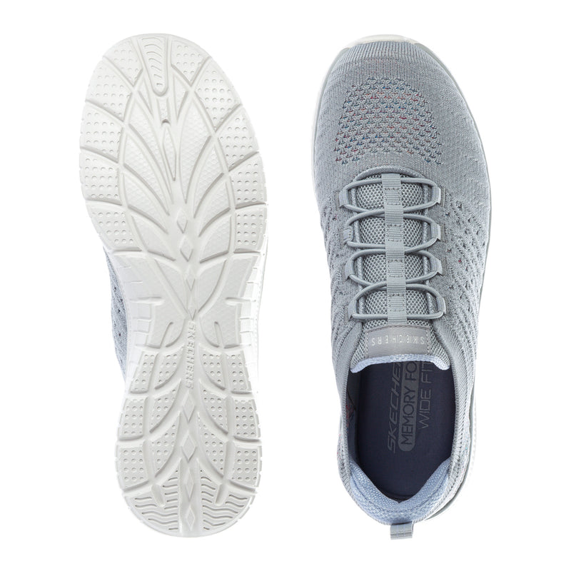 Women's knit sneaker sole and heel view: white tread and grey lace-up upper