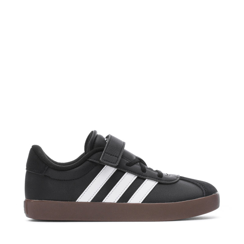 Kids' black sneakers with white three-stripe side panels and gum rubber sole