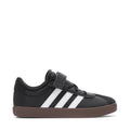 Kids' black sneakers with white three-stripe side panels and gum rubber sole