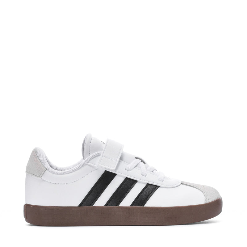 Kids white court sneakers with black three-stripe design and brown gum sole