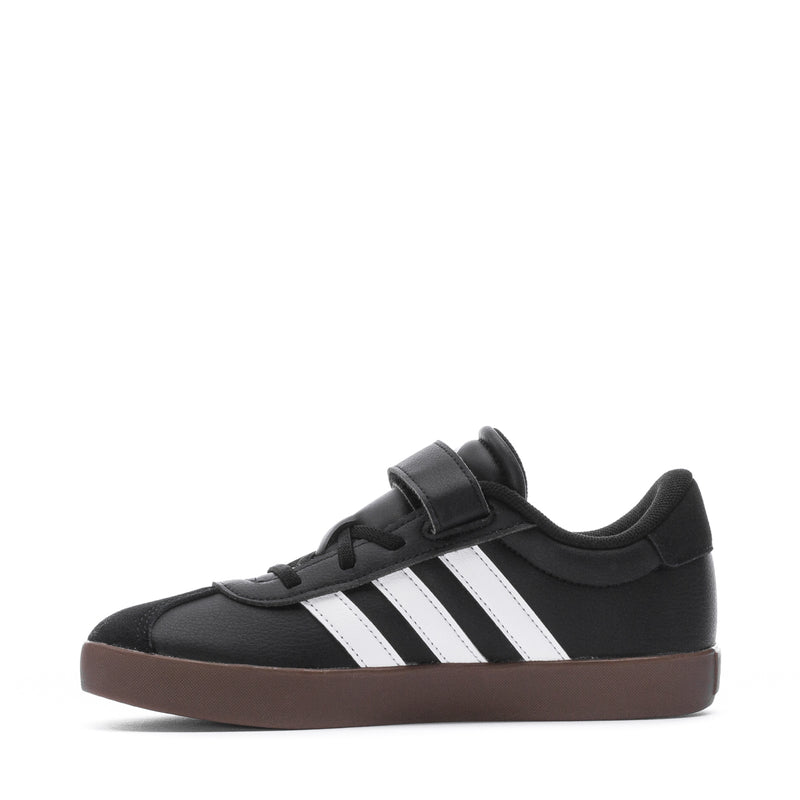 Kids' black sneakers with Velcro strap, white three stripes, and gum rubber sole
