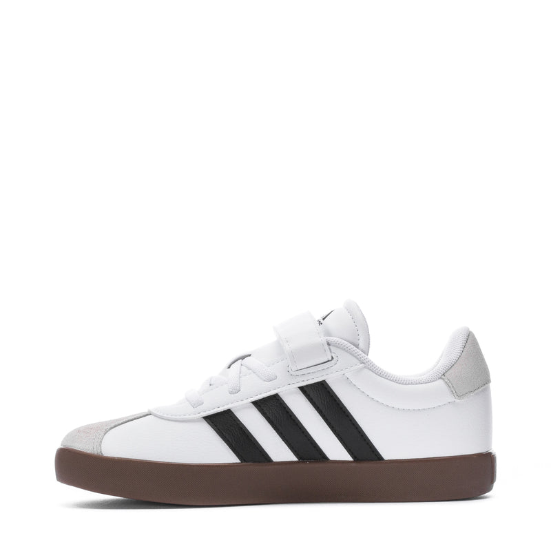 Kids white court sneakers with black stripes and brown gum sole, hook-and-loop strap