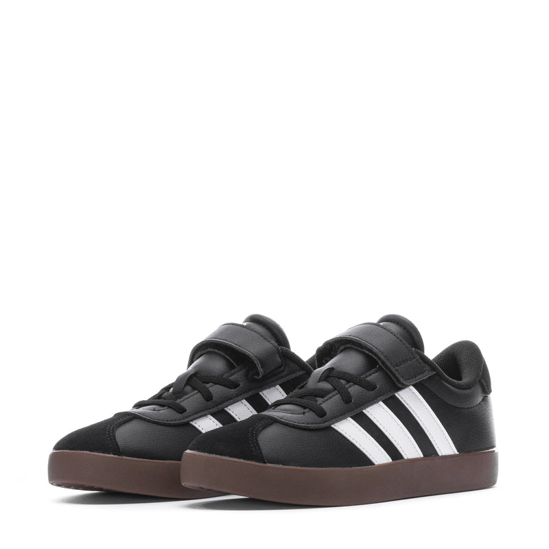 Kids' black sneakers with white three stripes and gum sole, shown in pair