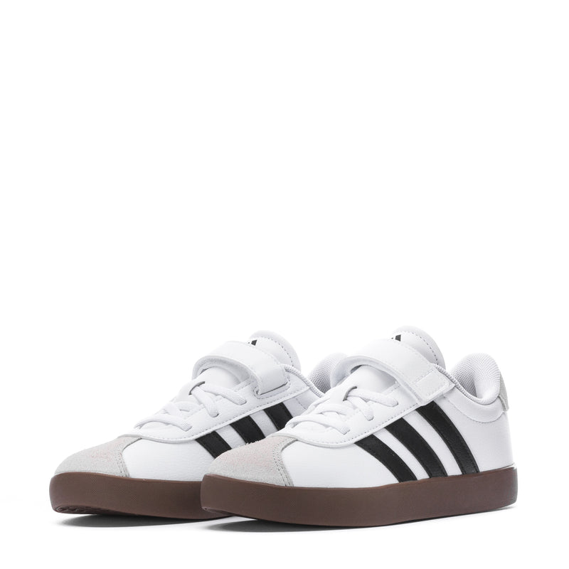 Kids white court sneakers with black stripes, lace-up front and brown gum outsole