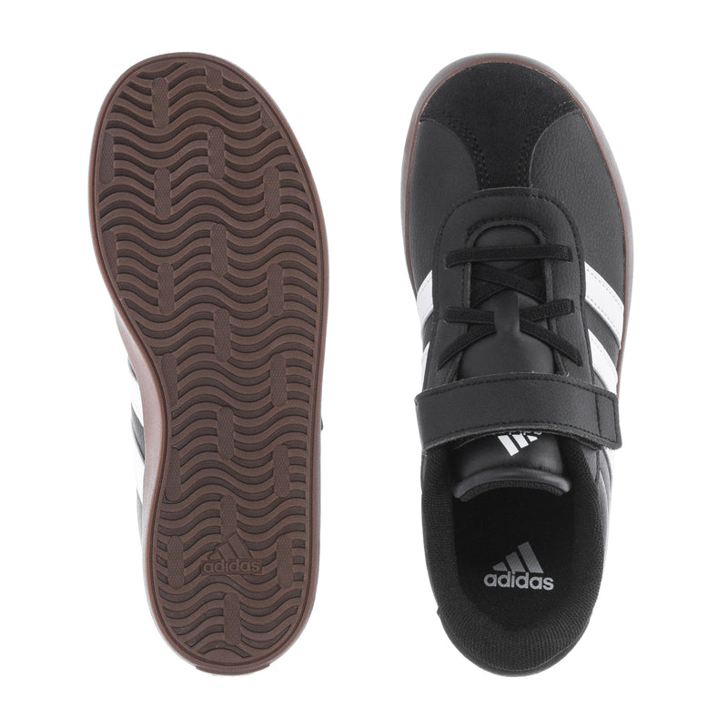 Kids' black sneakers: outsole tread and heel view with adidas branding