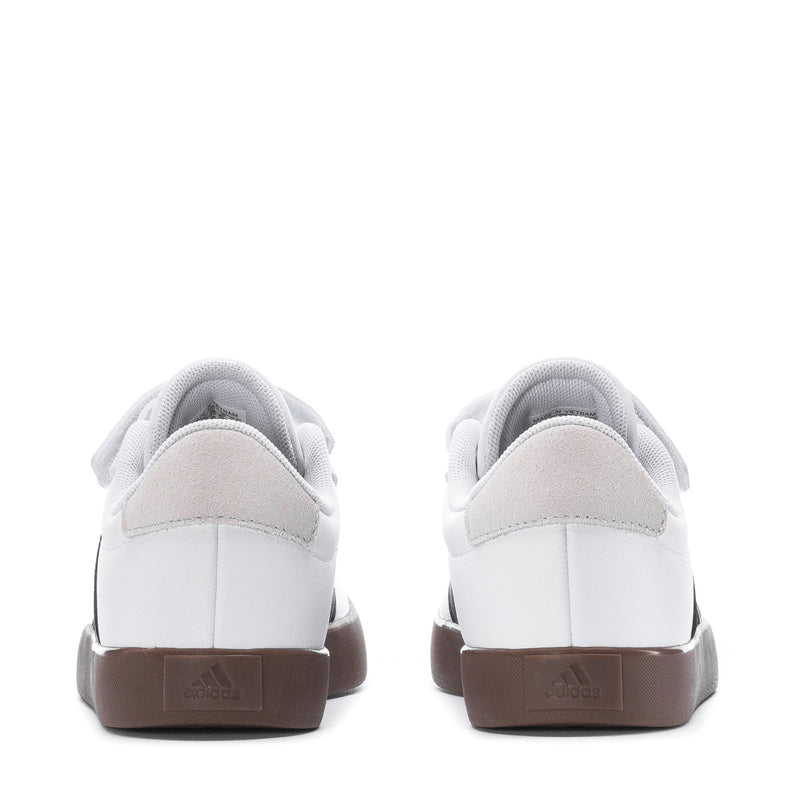 Kids white court sneakers heel view with brown gum sole and padded collar