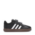 Toddler black sneaker with white adidas stripes, Velcro straps, and gum sole