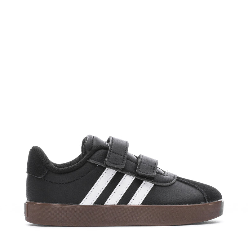 Toddler black sneaker with white adidas stripes, Velcro straps, and gum sole