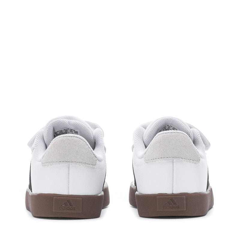 Back view of white toddler sneakers with brown heel panel and Adidas logo on outsole