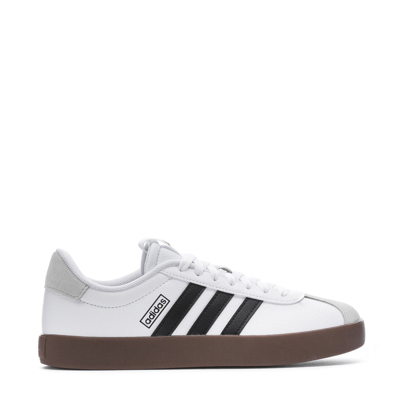 VL Court 3.0 women's sneakers in white with black stripes and gum-brown sole.