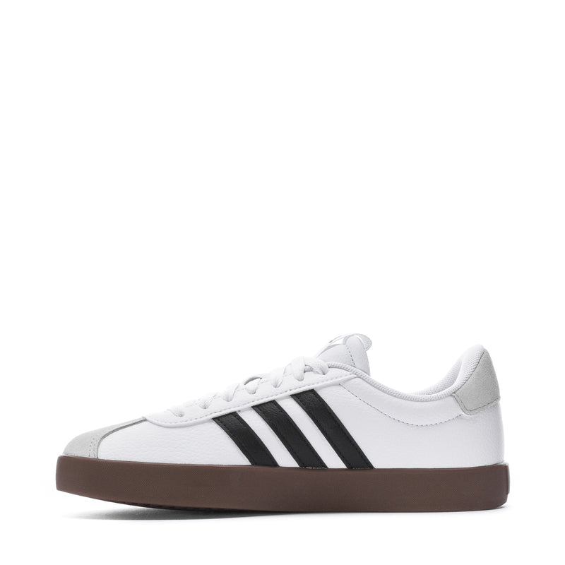 VL Court 3.0 women's sneakers, white upper with black adidas stripes, brown gum sole.