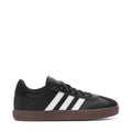 Black youth court sneakers with white adidas stripes and gum-brown sole