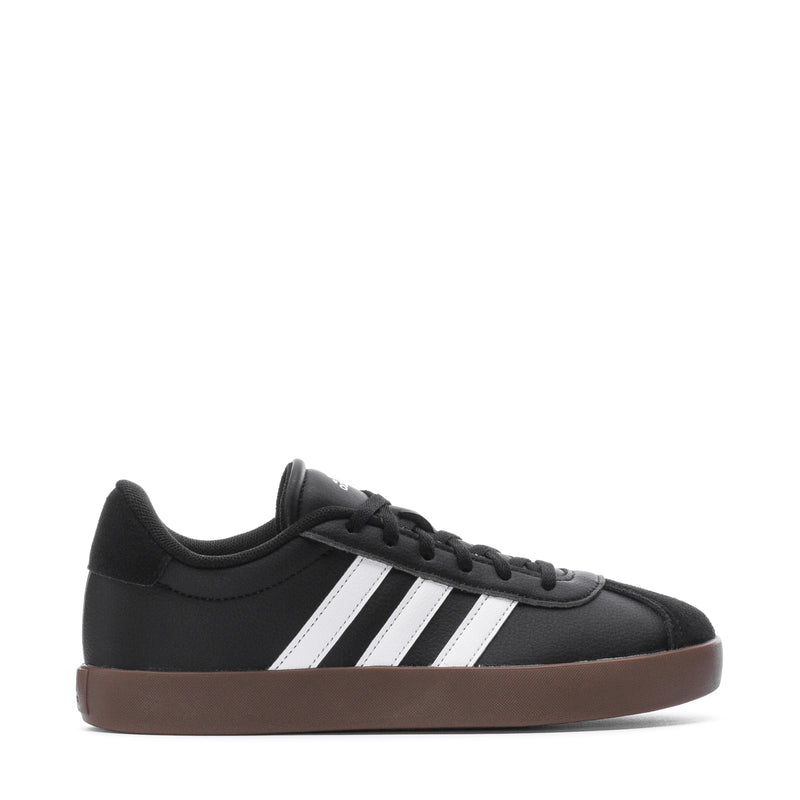 Black youth court sneakers with white adidas stripes and gum-brown sole