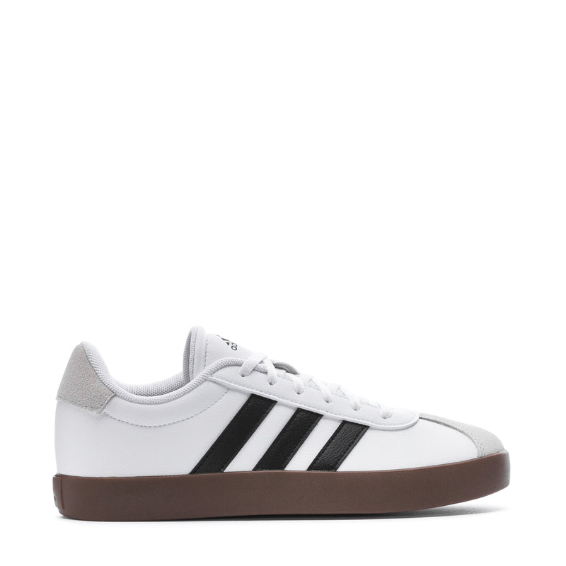 Youth adidas sneakers, white with black 3-stripe design and gum rubber sole