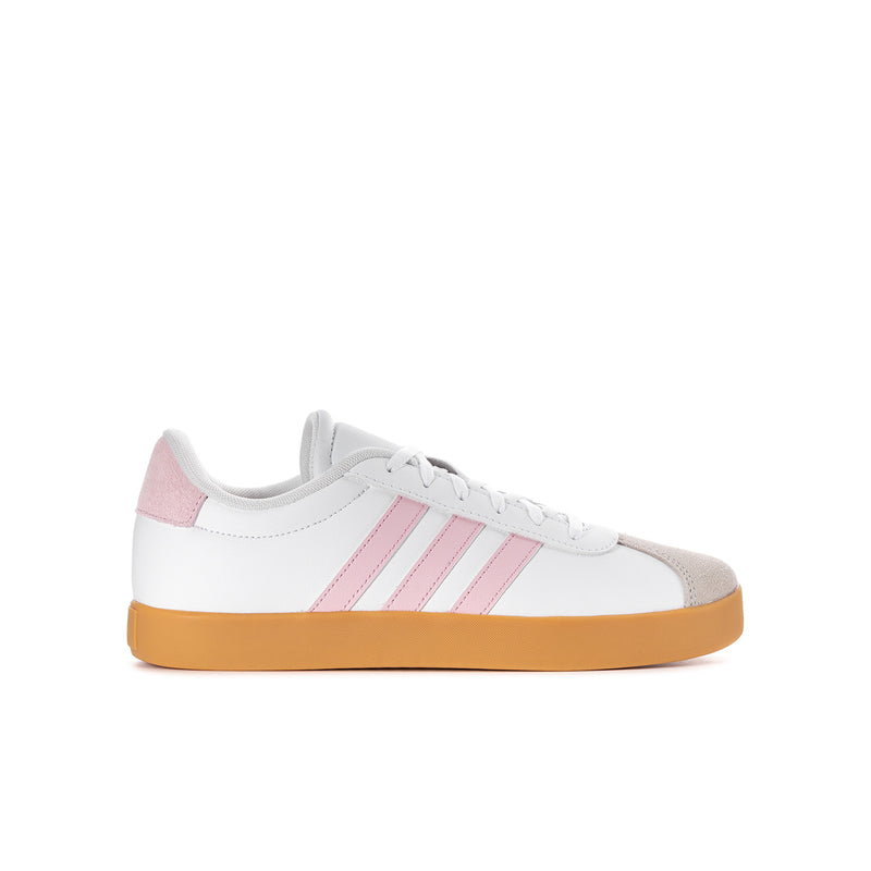 Youth white leather sneakers with pink stripes and tan gum outsole