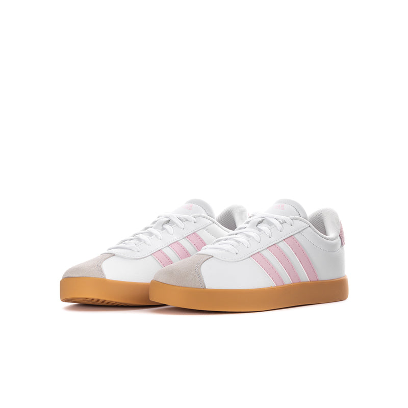 Youth white sneakers with pink three-stripe panels and tan gum sole