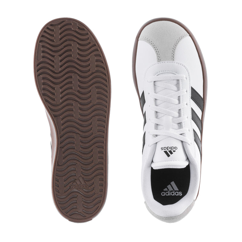 Youth adidas sneakers soles and upper: gum tread sole, white upper with stripes