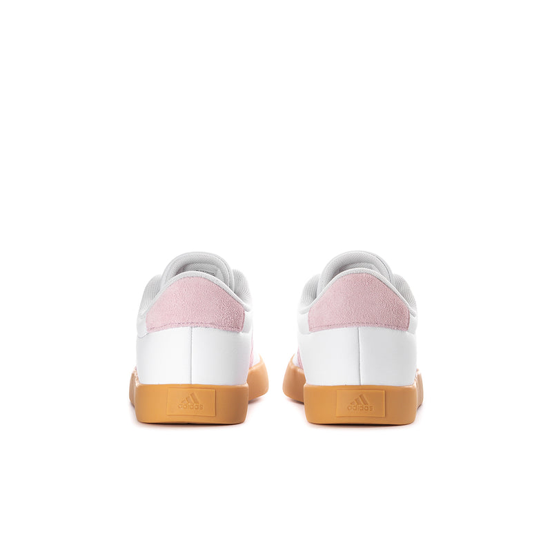 Back view of youth white sneakers with pink heel panels and tan gum soles