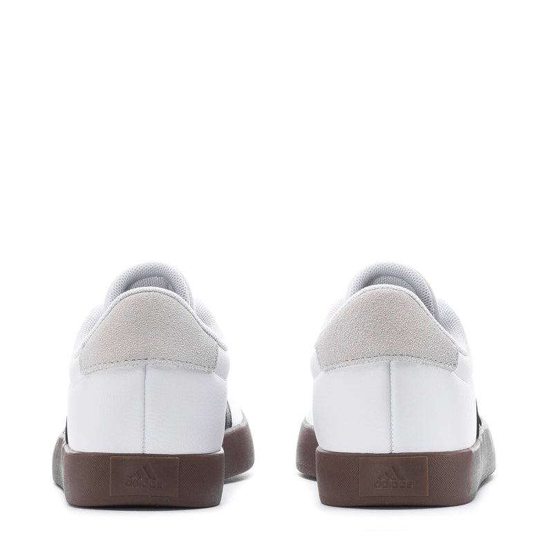 Youth adidas sneakers, rear view: white uppers with gum heel and lace collar