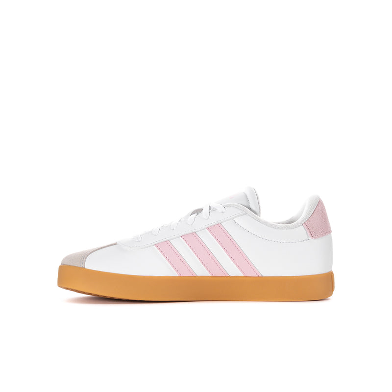 Youth white low-top sneakers with pink three-stripe design and gum sole