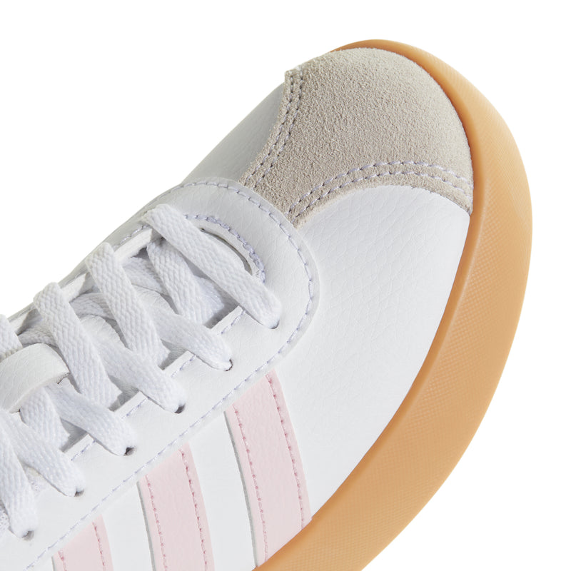 White sneaker upper with pink stripe detail, lace-up front and textured toe