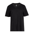 Women's black V-neck short-sleeve T-shirt, front view.