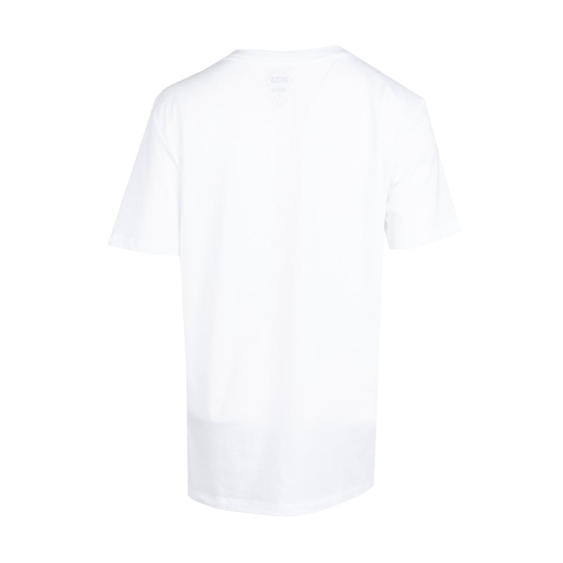 Women's white V-neck tee shirt, short sleeves, back view