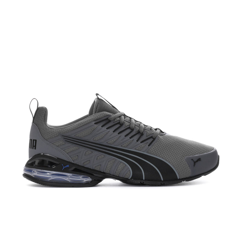 Men's dark grey/black lace-up running shoe with mesh upper and blue air-cushion sole