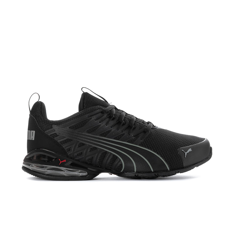 Men's black and grey running shoe with mesh upper, lace-up front, and cushioned sole