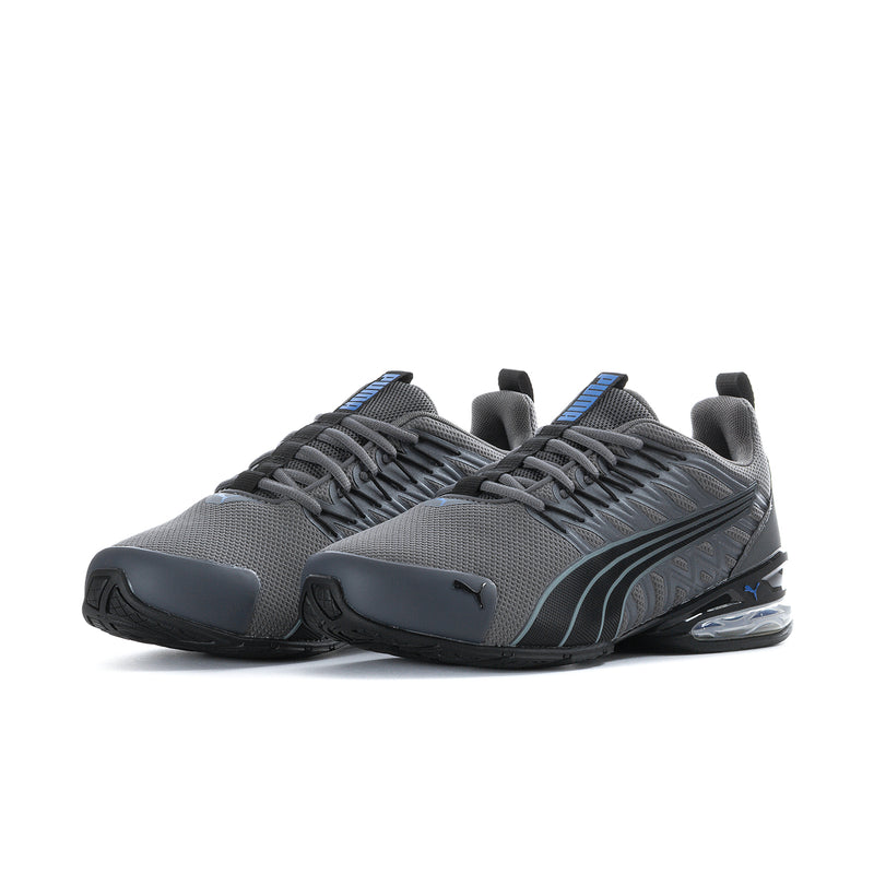 Men's dark grey/black lace-up running shoes with side stripes and blue air-cushion sole