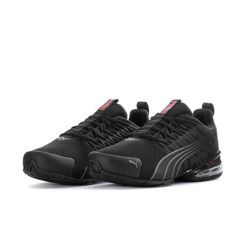 Men's black and grey lace-up running shoes with low-profile cushioned midsole