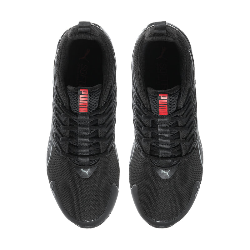 Pair of men's black running shoes, showing padded tongues and red logo detail