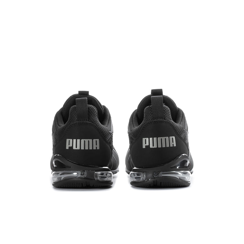 Men's black running shoes from the heel with cushioned air sole and PUMA branding