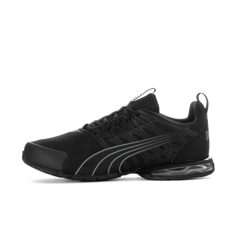 Men's black and grey lace-up running shoe with textured upper and side stripe design