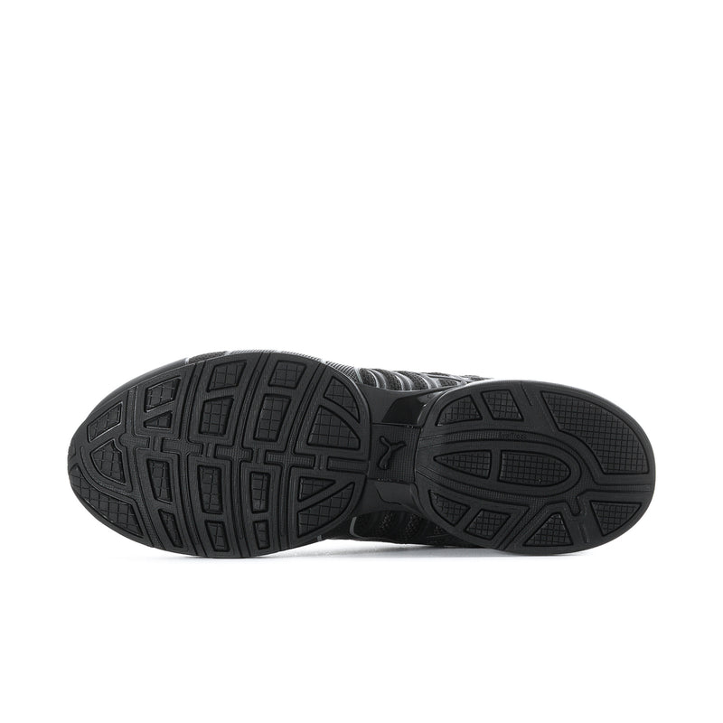 Men's black running shoe outsole with textured traction pattern and heel cushioning