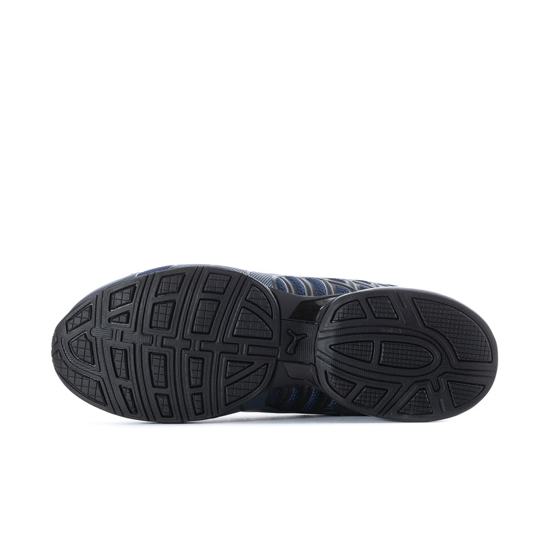 Navy and black sneaker outsole with patterned traction tread and PUMA logo