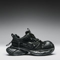 Black sneaker with a brand logo on a gray background