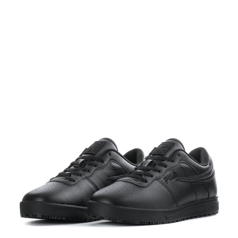 Men's black low-top sneakers with Fila side logo, lace-up, and flat rubber sole