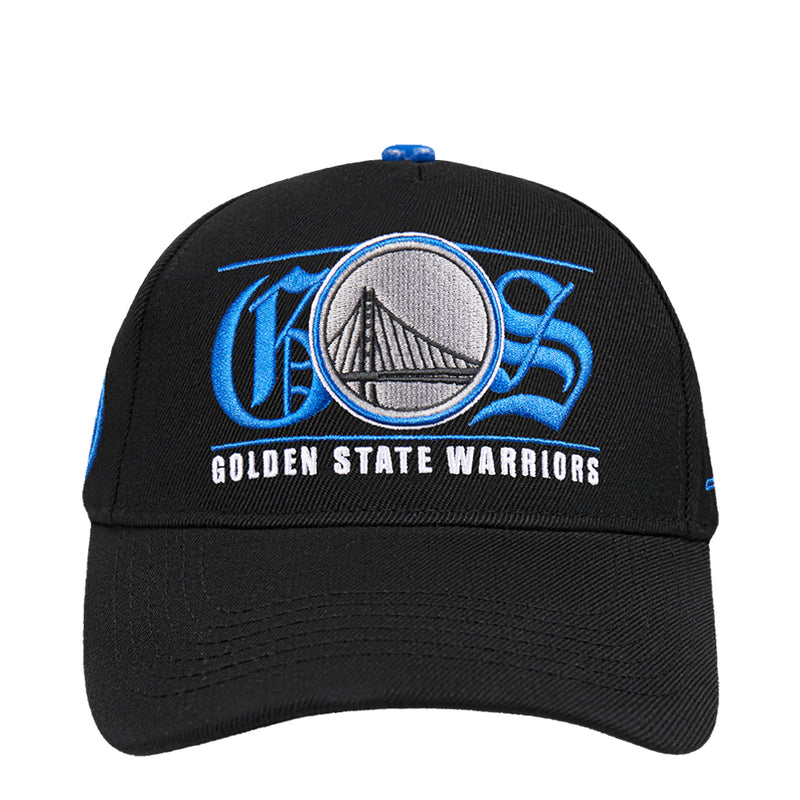 Black snapback cap with large blue Warriors logo and 'Golden State Warriors' text