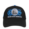 Black snapback cap with large blue Warriors logo and 'Golden State Warriors' text