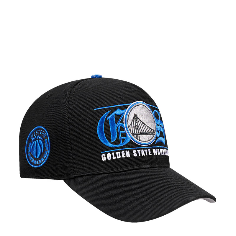 Black snapback cap with blue Golden State Warriors front logo and curved brim