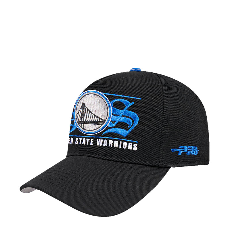 Black snapback cap with blue Warriors logo patch on front, curved brim